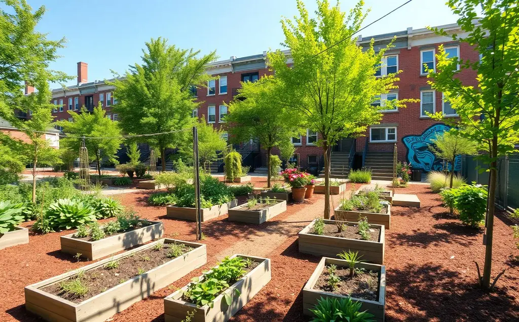 Same lot transformed into a thriving community garden with raised beds and newly planted trees
