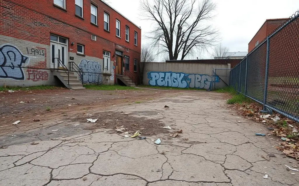 Neglected vacant lot with cracked pavement, litter, and graffiti before community restoration