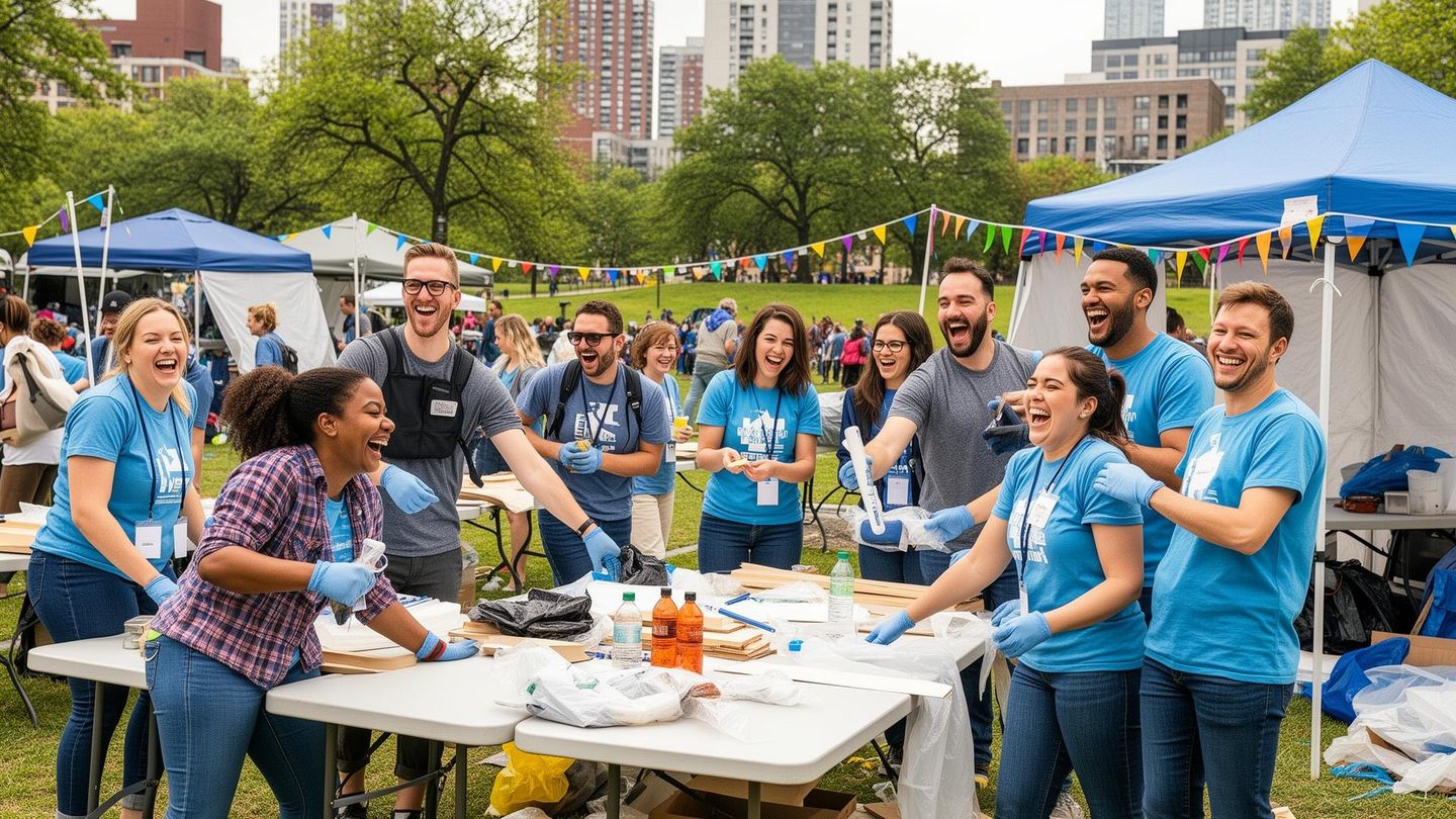 Diverse group of volunteers working together