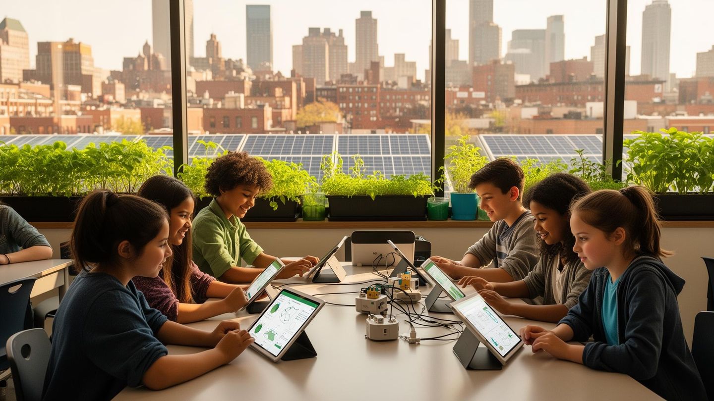 Students using green technology and AI tools in a classroom with solar panels and urban skyline
